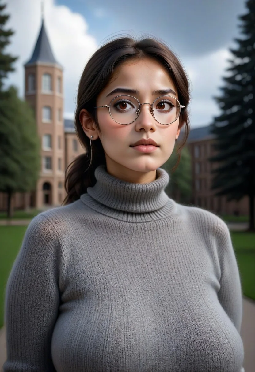 portrait of young Tia as a slim university student wearig a grey coarsely knitted sweater, small round glasses, simple small silver earrings, fully covered ample bust, brown eyes, university background, dark sky, clouds, trees, university building,Tiaris, sinfully stylish, dramatic lighting, shadows, soft light, close up, low light