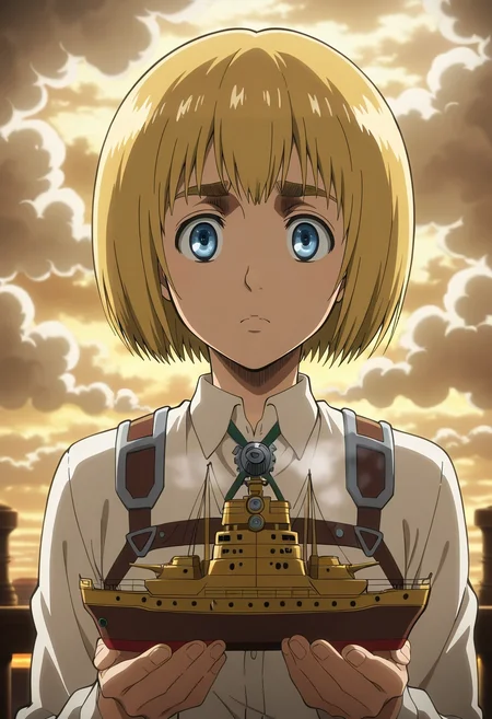 masterpiece, best quality, , anime screencap, anime coloring, , , , 1boy, solo, male focus, <lora:armin_arlert_ilxl:1>, armin_arlert, blonde hair, blue eyes, short hair, bob cut, bangs, , steampunk port, brass ships, steam clouds, gear mechanisms, working pose, busy expression, afternoon, ,