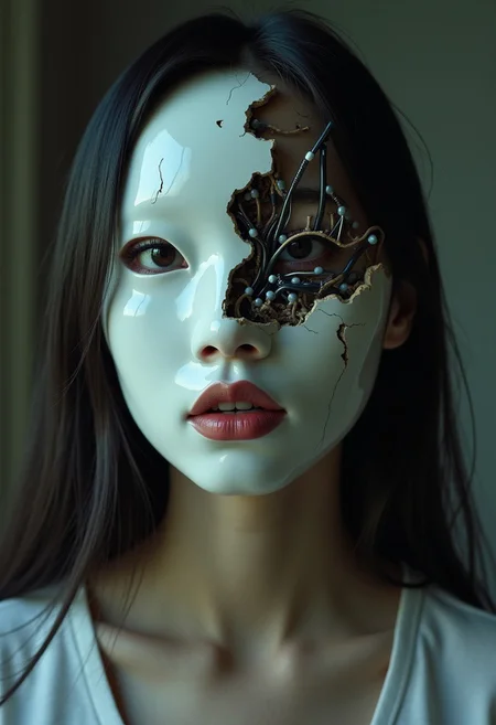 An Asian woman wears a fractured porcelain mask with exposed wires and technological elements underneath, captured as a haunting photograph using a close-up shot, under the dim, focused light of an interior space, emphasizing the blend of fragility and technology and the sense of concealed emotions.