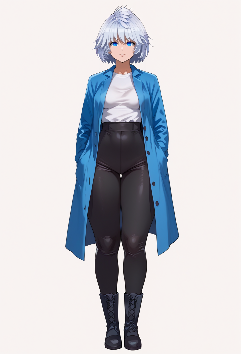 score_9, score_8_up, score_7_up, source_anime, rating_explicit, detailed, perfect, perfection, hands,
white background,
full body,
 <lora:hand 4:1> <lora:Anna_Sigrid_A.K.A_Snow:1>
BREAK
1girl, solo,
standing,
medium breasts, thick thighs, wide hips, huge ass,
blue eyes, white hair, short hair,
white shirt, black pants,
black boots, (blue coat:1.2),