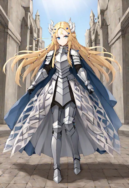 yugioh ecclesia, blonde hair, blue eyes, braid, facial mark, fake horns, forehead mark, hair ornament, horns, long hair, armor, armored dress, cape, gauntlets, headgear, leg armor, shoulder armor, white armor, 
masterpiece, best quality, very aesthetic, absurdres, full_body, tachi-e,