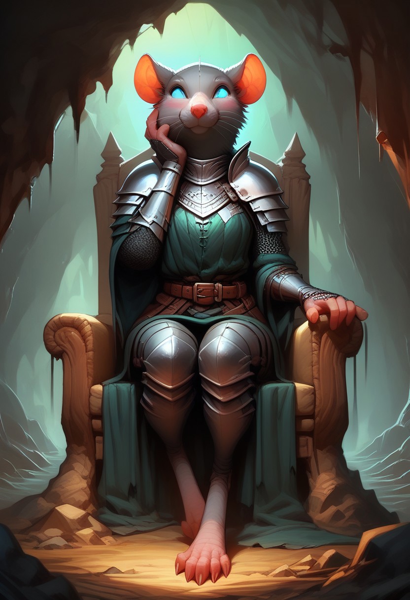 score_9, score_8_up, score_7_up, score_6_up, 1 anthro skaven girl, sexy face, wearing knight female armor, wearing helmet, sword in hand, cute face, blue eyes, hazel red eyes, shy, nose blush, medium boobs, chest up, grey fur, bald, fullbody, smirking, (dark green glowing cave background), front view, full body view, distance, sitting on armchair,
