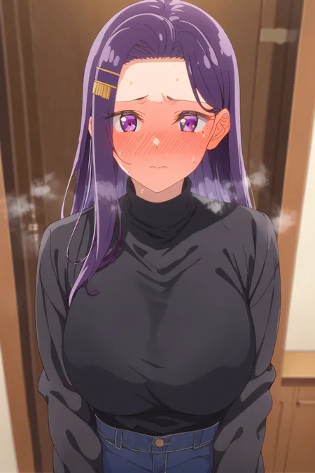 score_9, score_8_up, score_7_up, source_anime, sayuri, purple eyes, purple hair, long hair, hair ornament, mole under eye, big breasts, black top with long sleeves, black tight pants, sweat, sweatdrop, steaming, standing, embarrassed, shy, blush, looking at viewer, shy pose, solo, high quality, best quality