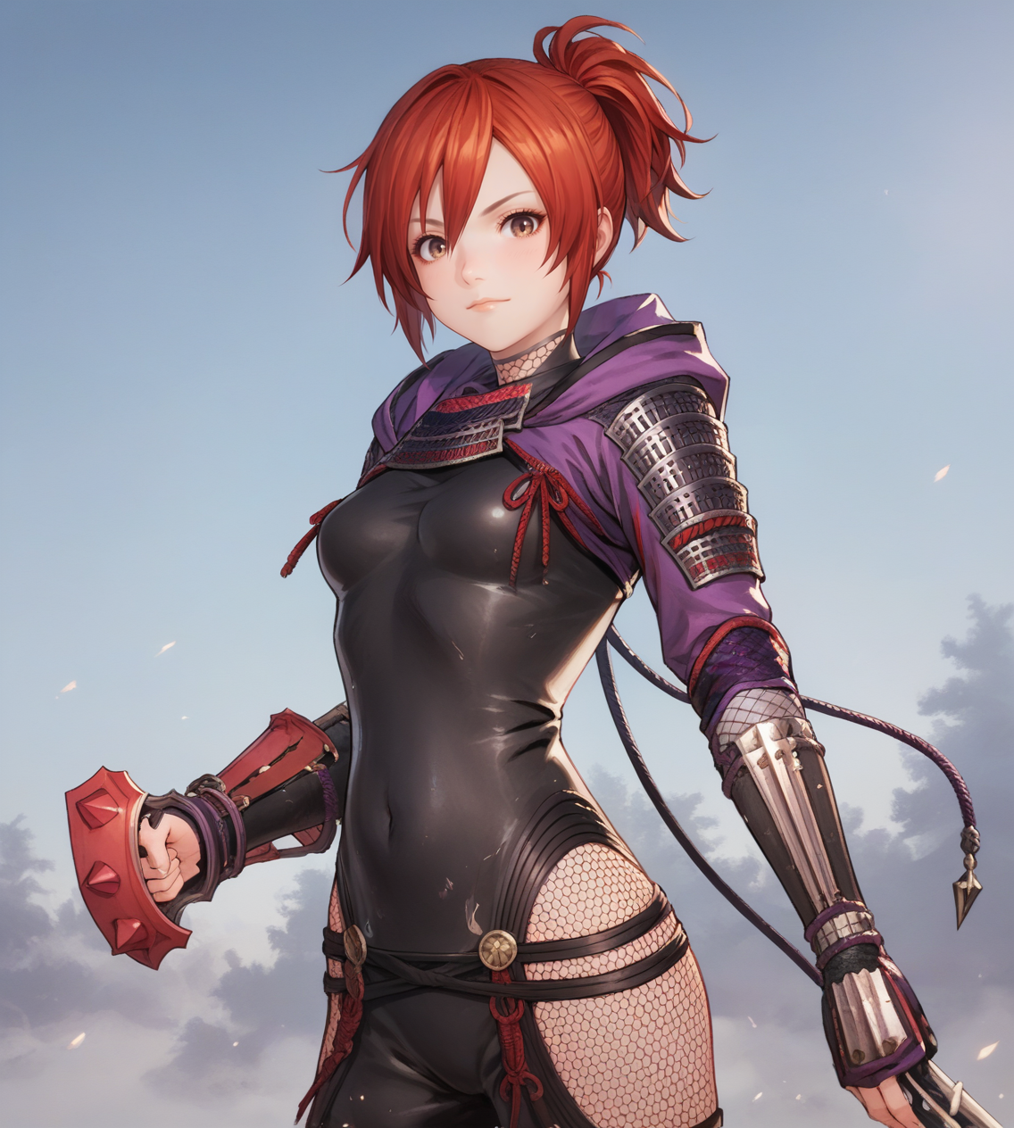 score_9,score_8_up,score_7_up,score_6_up,source anime BREAK,
1girl, solo, portrait, looking at viewer, 
 mitsuki, red hair, ponytail, brown eyes, short hair, medium breasts
bodysuit, fishnets, hood down, armor, ninja, weapon,
<lora:mitsuki-000010:0.7>
