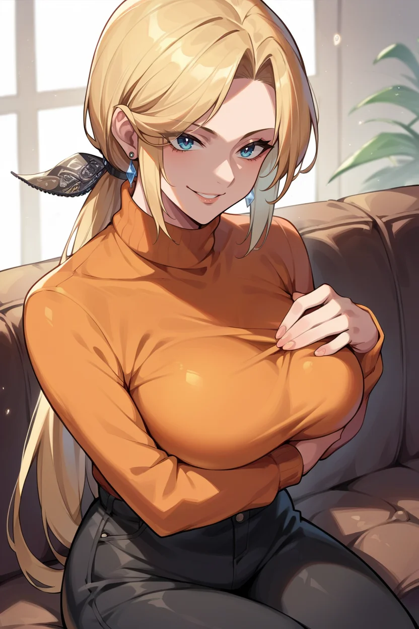 score_9, score_8_up, score_7_up, score_6_up, source_anime, BREAK 1girl, solo <lora:doahelena-pdxl-nvwls-v1-000006:0.9> doaHelena, low ponytail, earrings, large breasts, orange sweater, turtleneck, black pants, breast lift, smile, sitting, couch