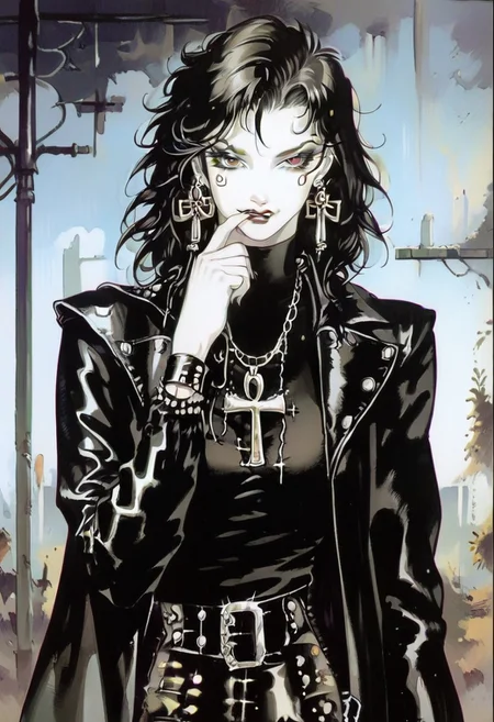 score_9_up, score_8_up, score_7_up, sad 1girl, dark theme, low light, character focus, dinamic composition, best quality, 1990s \(style\), noir, kojima ayami, perfect anatomy, looking at viewer, smile, biting a finger, BREAK Ladydeath, chainmail top, seethrough top, leather pants, egyptian cross on necklaces, goth make up, messy hair, pale skin, eye of ra, thight clothes, BREAK night, street light, alley