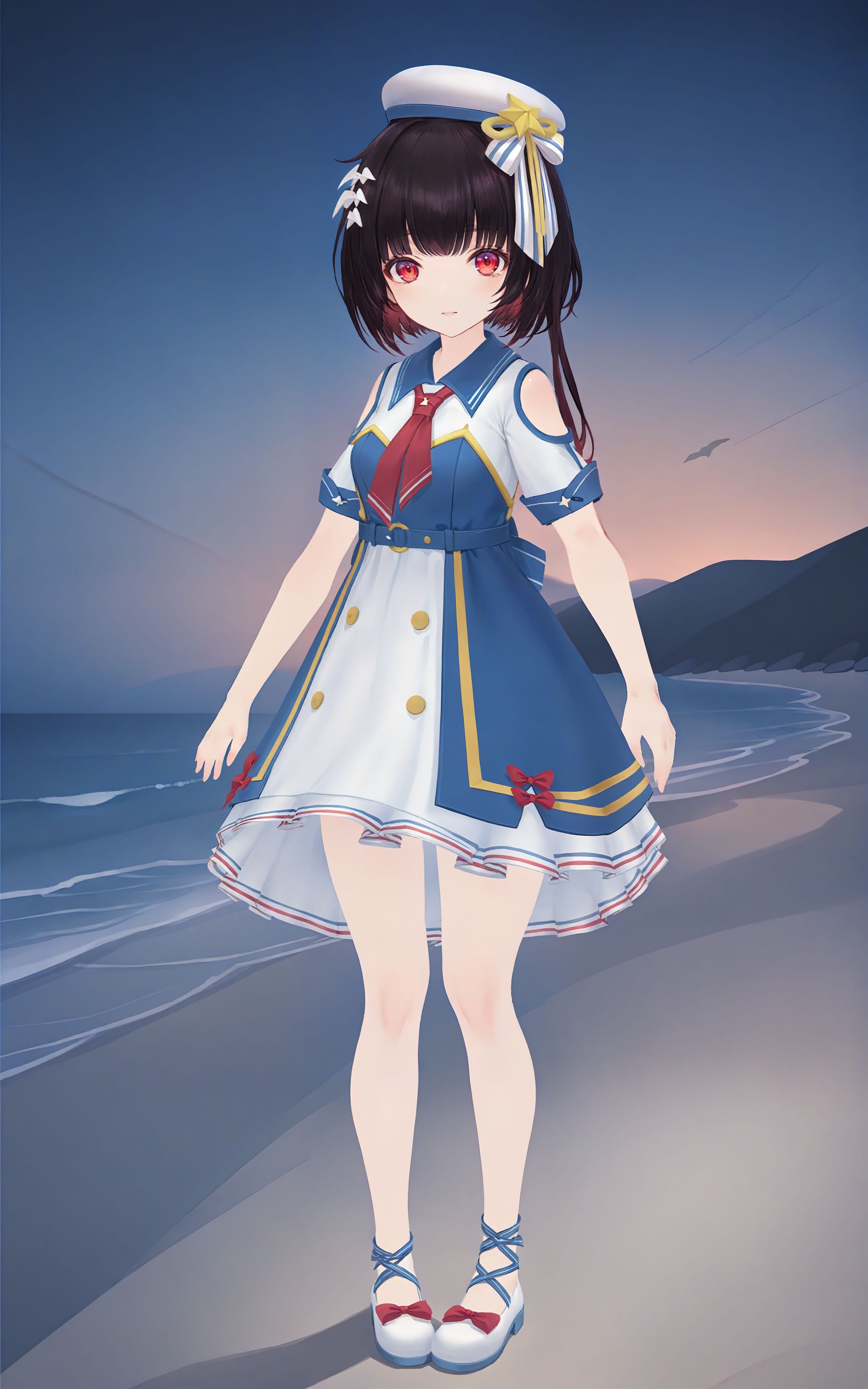 <lora:sdxl_base_yousa v1.1:0.9>, masterpiece, best quality, yousa, yousa_WithShipSeagull, 1girl, solo, red eyes, DMB_hair, WithShipSeagull_hair_ornament, (WithShipSeagull_suits:1.2), looking at viewer, full body, beach, night, galaxy, star