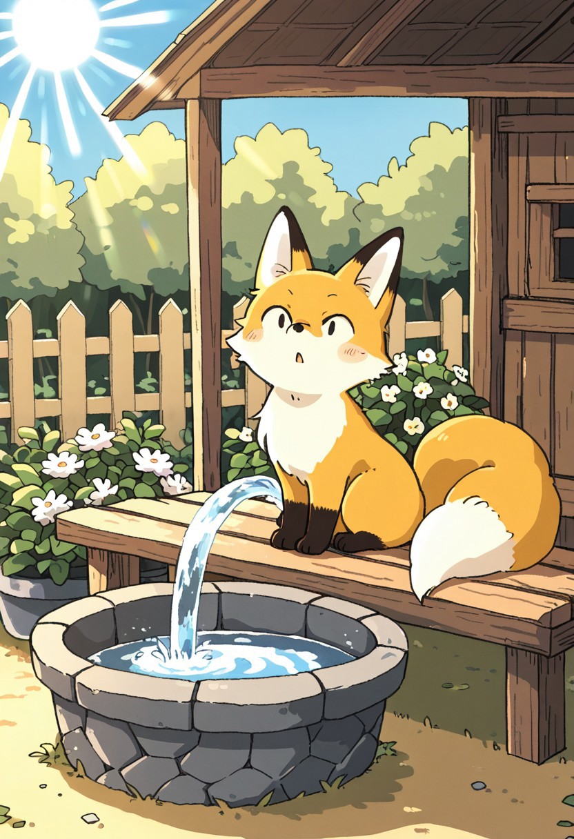(masterpiece, best quality, high quality, highres), very awa, highres, absurdres,
(fuamusea:0.8), makoto shinkai, chii-kun \(seedyoulater\), (naguru \(cyoroama\):0.8), 
(fox:1.2), (no humans:1.1), paws, fur, (cute:1.2), comfy, solo, 
surprised, silly, OO,
water trough, garden, barn, bench, day, sunlight, sun rays, beautiful background,