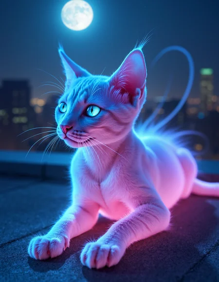 zavy-spctrlglw, Close-up shot from a low angle, a spectral glow cat with shimmering translucent fur and ethereal wisps emanating from its body, a moonlit rooftop with city skyline in the background, high-contrast photography with a dreamlike quality, iridescent blues and purples complemented by soft pinks.