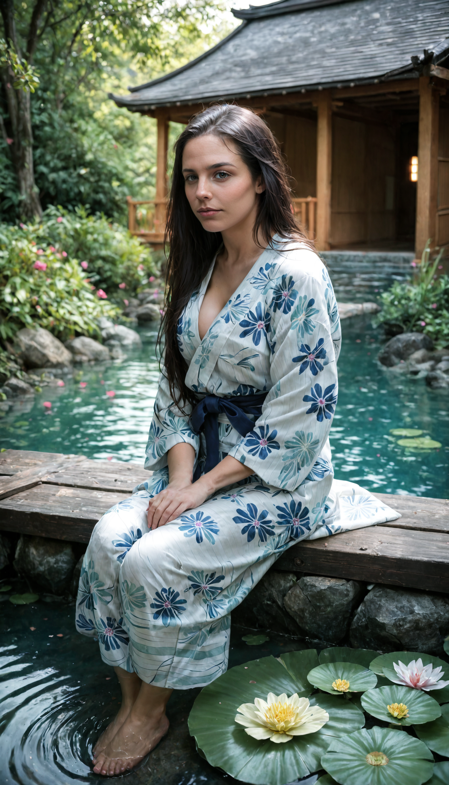 score_9, score_8_up, score_7_up,  BREAK
(masterpiece, best quality), (photorealistic:1.5), 1girl, long dark hair, wearing a light yukata with floral patterns, sitting on the edge of a pond, dipping feet in the clear water, calm and peaceful expression, highly detailed face, natural lighting, traditional Japanese wooden house, lush green surroundings, sunlit environment, detailed water reflections, intricate textures, serene garden atmosphere, depth of field, volumetric lighting, high dynamic range, detailed background, summer day, tranquility and peace