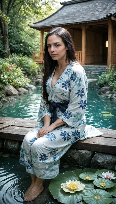 score_9, score_8_up, score_7_up, BREAK
(masterpiece, best quality), (photorealistic:1.5), 1girl, long dark hair, wearing a light yukata with floral patterns, sitting on the edge of a pond, dipping feet in the clear water, calm and peaceful expression, highly detailed face, natural lighting, traditional Japanese wooden house, lush green surroundings, sunlit environment, detailed water reflections, intricate textures, serene garden atmosphere, depth of field, volumetric lighting, high dynamic range, detailed background, summer day, tranquility and peace