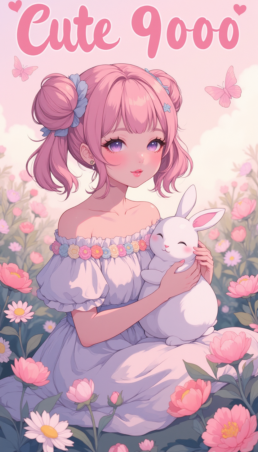 pinksoftcoreanime, 
A pastel pink wonderland filled with blooming flowers in shades of blush, lavender, and baby blue, with soft sparkles in the air. A cheerful woman with pastel pink hair styled in twin buns, wearing a flowy off-shoulder dress adorned with tiny floral embroidery. Sheâs sitting in a field of daisies, gently holding a fluffy white bunny while butterflies flutter around her. Above her, the text âCute 9000â in a bubbly, candy-like font, with heart accents and a subtle glow.