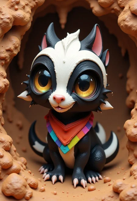 a cute chibby skunk (made out of clay) with big rainbow eyes, it wears a cool rainbow bandana, very detailed, 4k, sharp, (very detailed clay, brownish clay), clay background, clay cave