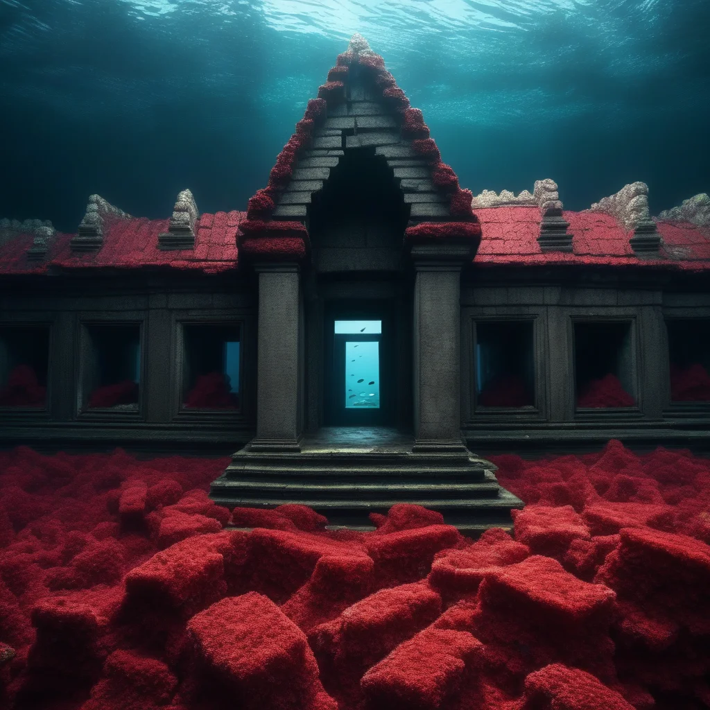 official art, masterpiece, best quality, absurdres, very aesthetic, no humans, underwater, Angkol_ruins, indoors, ruins, dark, fish, red coral, collapsed roof