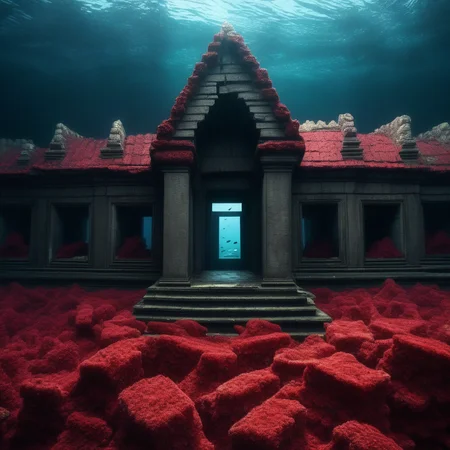 official art, masterpiece, best quality, absurdres, very aesthetic, no humans, underwater, Angkol_ruins, indoors, ruins, dark, fish, red coral, collapsed roof