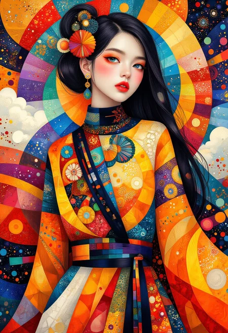 composition art, funk art, colorful and minimalistic style, clean lines, smooth curves, and sleek contours, with bold outlines, crisp shapes, and sharp edges, image of an oriental woman in haute-couture clothing