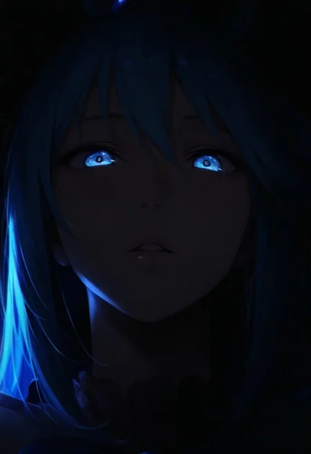 1girl,Aqua (KonoSuba), solo, dark, light, masterpiece, best quality, very aesthetic, close up, parted lips