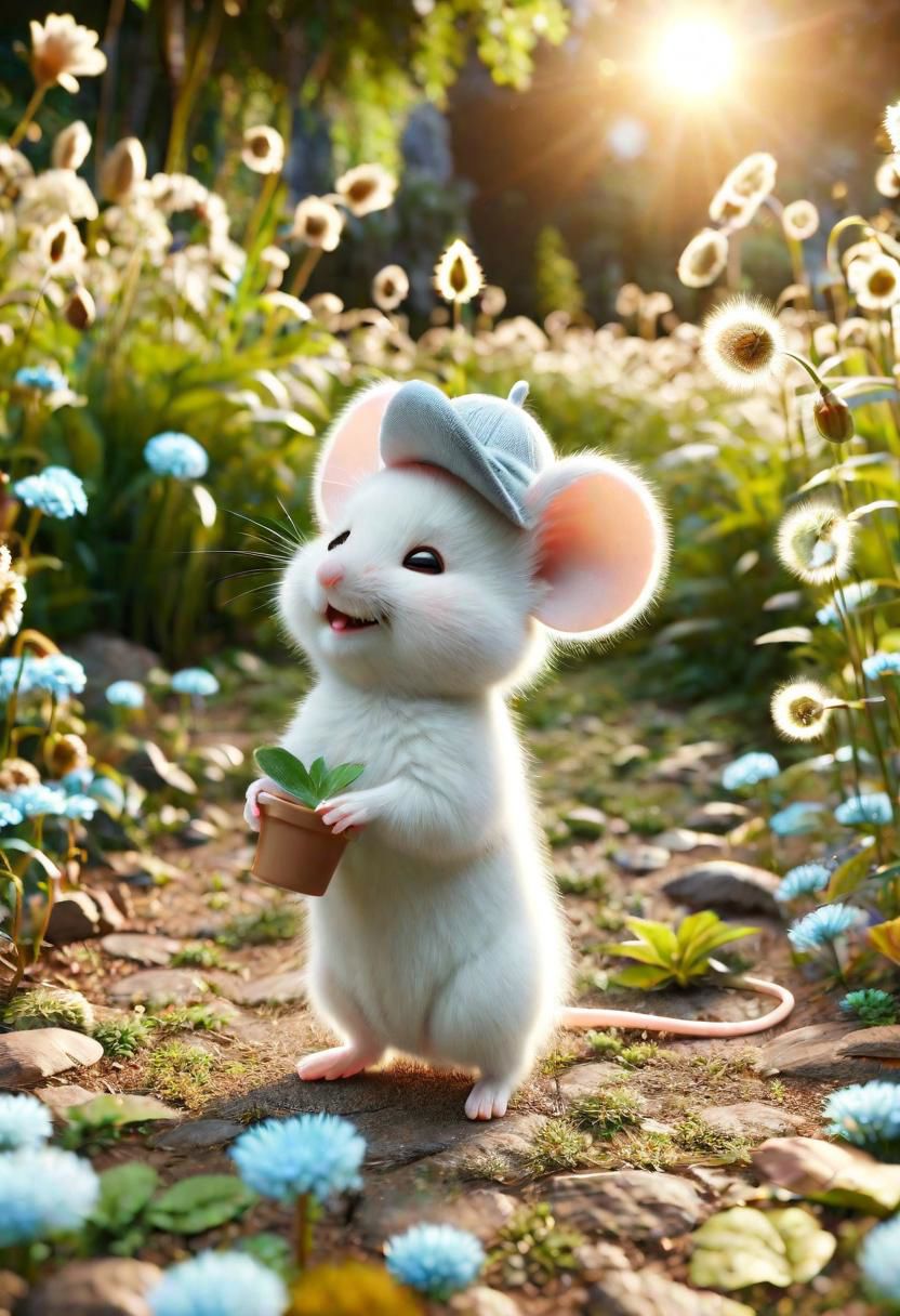ral-fluff,<lora:ral-fluff:1>,
chibi,masterpiece,best quality,original,official art,silver metallic mice, hat,flower,blurred background,rendering,beautiful detailed glow,(detailed ice),beautiful detailed sun,sunny, blurred flower, happy