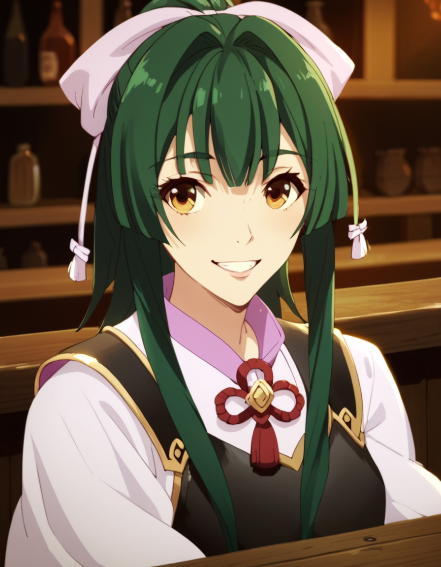 score_9, score_8_up, score_7_up, score_6_up, score_5_up, score_4_up, source_anime,  Yomogi, green hair,  portrait, sitting, tavern, smile