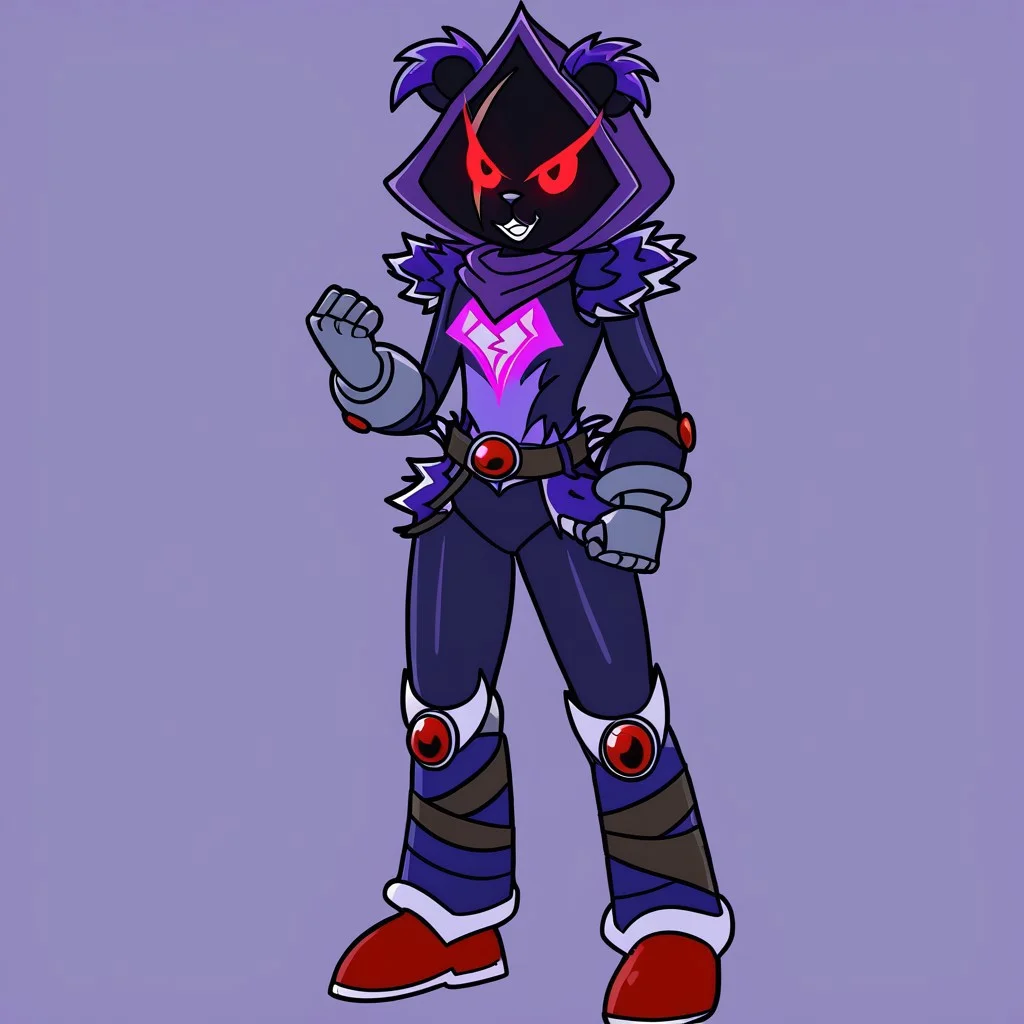 Metallix, red glowing eyes, robot, glowing red energy core, blue metal skin, black sclera, pointy metal nose, red shoes, clenched hands, red orbs on its forearms, white details on its edges, white spikes on its head, thruster on its back, solo, , Raven Team Leader, 1girl, masterpiece, best quality, purple hood, faceless, shaded face, animal ears, dark skin, purple skin, scar on eye, (furry), (body fur:1.2), purple fur, belt, straps, :3, torso symbol, metal gloves, metal boots