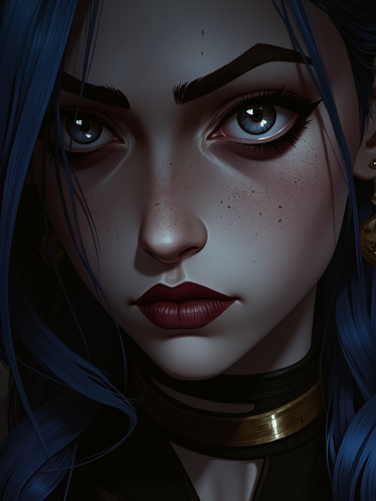 Close-up portrait of Jinx from Arcane with intricate detail and striking lighting. She has fair skin and a piercing gaze that draws attention.  Her hair frames her face, falling naturally around her shoulders. Her expression conveys an air of confident superiority, with beautifully shaped lips adorned in dark red lipstick. The high-detail image captures every nuance of her features, with a realistic photographic style that emphasizes her striking, intense presence. The lighting subtly enhances her features, with interesting backlighting that adds depth and drama to the composition. The overall mood is dark and mysterious, combining elements of fantasy and realism. ArsMJStyle, dnddarkestfantasy, mythp0rt, hyperrealistic, cinematic, soft shadows, dynamic lighting, perfect composition,  <lora:jinx-arcane-league-of-legends-season-1:1>,  <lora:FluxMythP0rtr4itStyle:0.7>,  <lora:DnDDarkestFantasy:0.7>