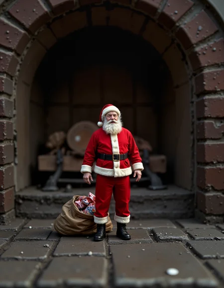 closeup, raw photo, a miniature 2 inch tall Santa Claus standing exhausted with hands on knees, on the hearth, having just emerged from the massive extinguished fireplace chimney. His red suit is dusted with soot, His sack of presents, small but overflowing, rests beside him with gifts spilled around. dark fireplace. Santa's tiny boots leave faint footprints in the ash, as if marking the start of his Christmas deliveries.