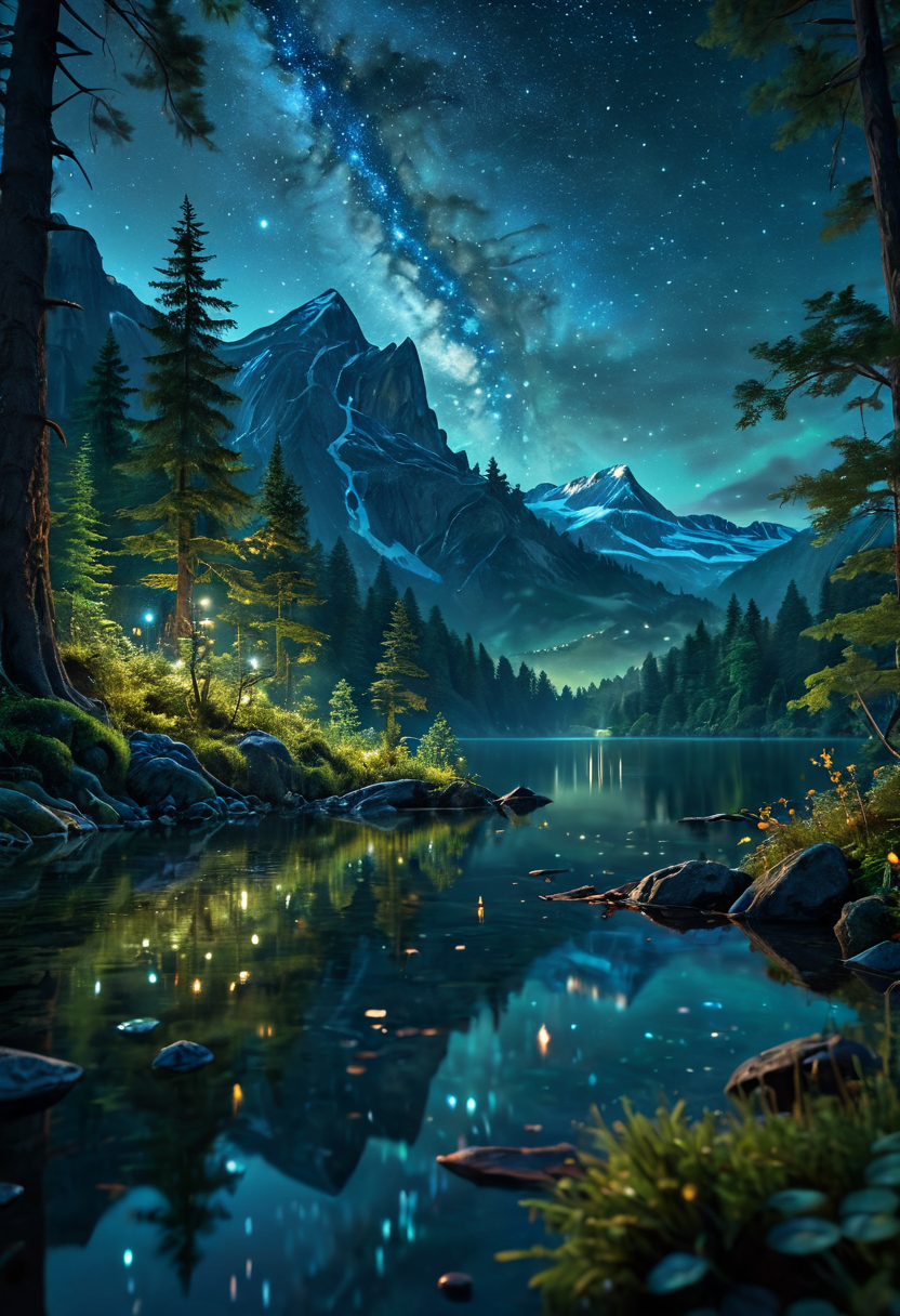 35mm photograph, film, bokeh, professional, beautiful fantasy forest with a mountain in the background and a lake at night with milyway in the sky, hyperrealistic, super realistic, sharp focus, 32k, (((masterpiece))) (((ultimate quality))), exquisite beauty, highiest texture resolution, photorealistic, fantasy setting, epic composition