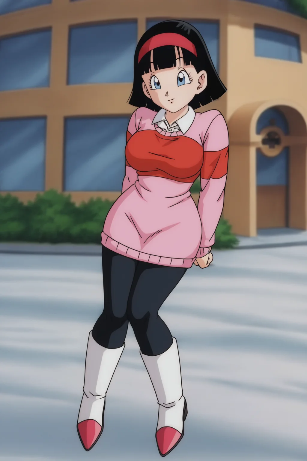 source_anime, score_9, score_8_up, score_7_up, anime screencap,8k, absurd res,
videl, dragon ball super, bob cut, 1girl, solo, breasts, short hair, blue eyes, large breasts, black hair, full body, black legwear, red hairband, arms behind back, white shirt, pink footwear, boots, two tone footwear, print sweater, pink sweater, looking at viewer, raised eyebrows, long sleeves, collared shirt, bangs, from above, 
 <lora:videlSatan_pony_v1:0.8>