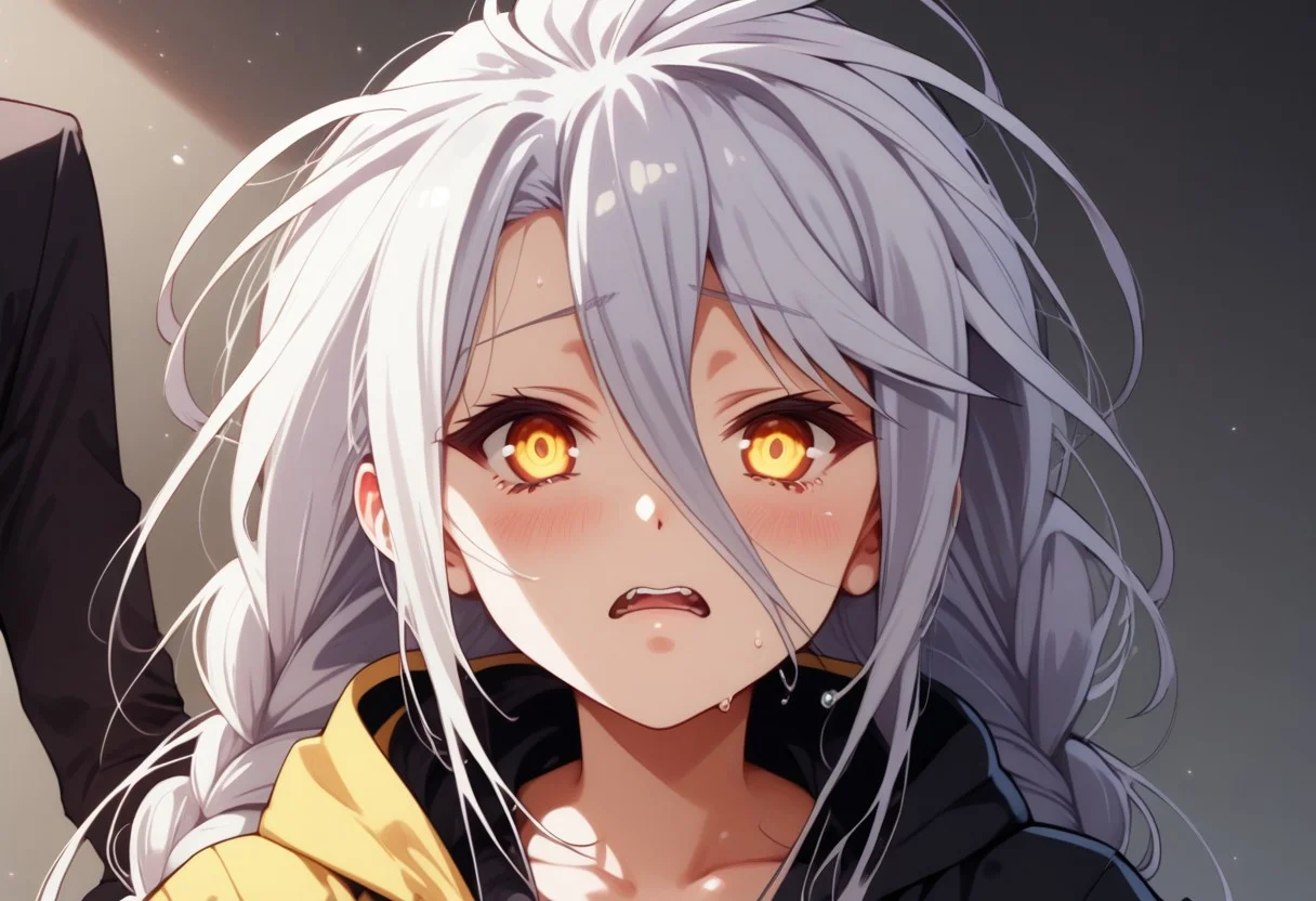 score_9, score_8_up, score_7_up, score_6_up,realistic style photo,masterpiece, ultra-realistic 8k, (best quality), intricate details,high detail, sharp, detailed, 1girl, beautiful, shiro, long hair, hair between eyes, very long hair, white hair, twin braids, messy hair, yellow eyes, fair skin, small breasts, hoodie, leggings, computer office with fire element, computers composed of fire elements, worried expression, scared expression, chaotic office with computers on fire, summer sunlight, upper body, looking at viewer , perfect, perfection, zPDXL2,b3yum1, ais-wirez