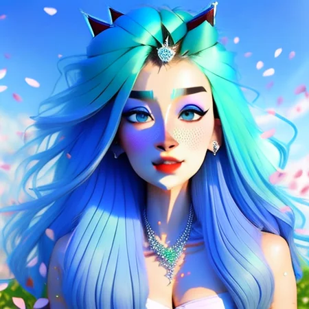 samdoesarts, a girl with blue hair and horns and a blue sky behind her, 1girl, aqua eyes, aqua hair, blue background, blue sky, day, face, falling petals, green hair, jewelry, lips, long hair, looking at viewer, necklace, nose, parted lips, petals, rose petals, solo, wind