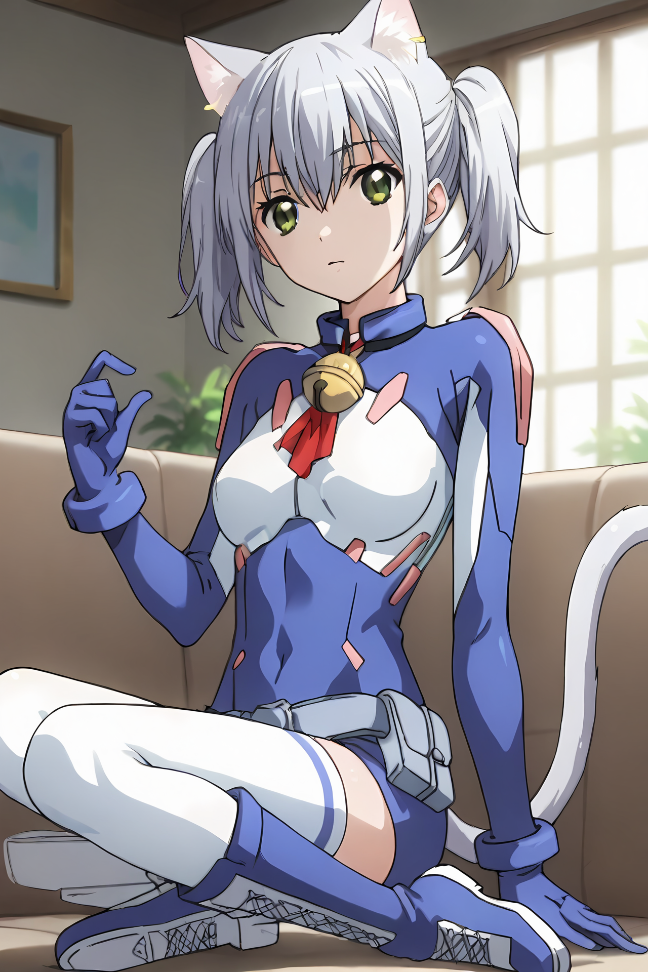 (blue bodysuit belt gloves white thighhighs boots:1.50), cpc-chaika, short hair, short twintails, bangs, sidelocks, grey hair, hair between eyes, green eyes, cat ears, cat tail, neck bell,
1girl, solo, skinny, (source_anime, score_9, score_8_up, score_8, score_7_up), score_7, score_6_up, score_6, score_5_up, score_5, 
(horny:1.10),
(indoors:0.90),
(:1.20), (:1.20),
medium breasts
<lora:cpc-chaika-V01:0.90>