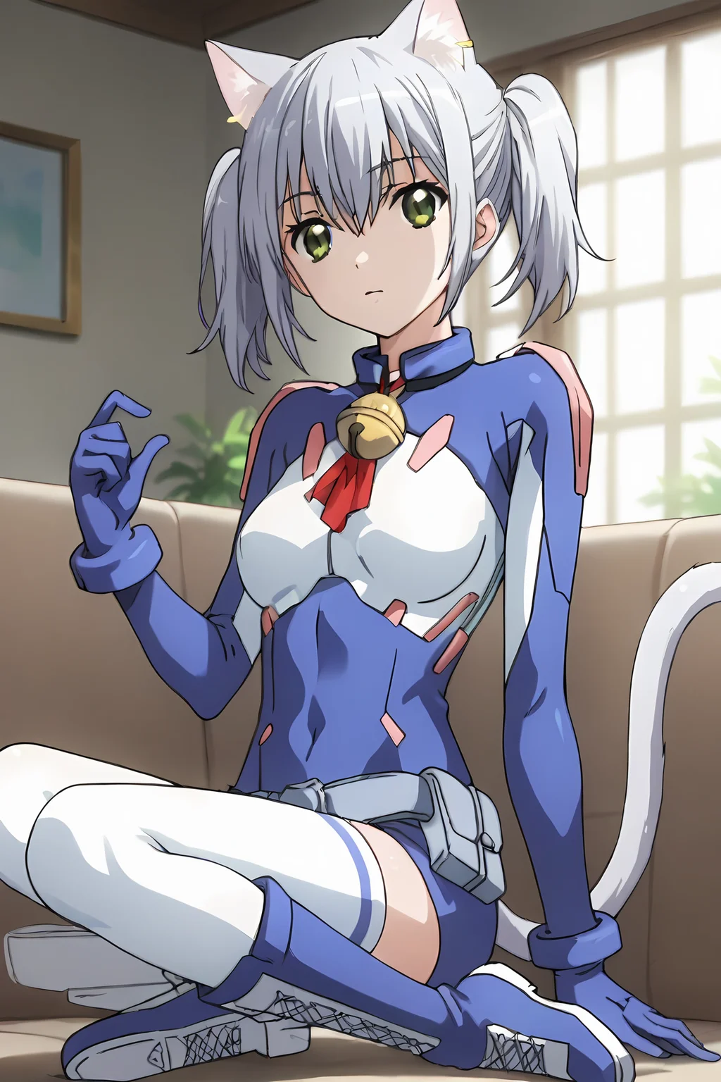 (blue bodysuit belt gloves white thighhighs boots:1.50), cpc-chaika, short hair, short twintails, bangs, sidelocks, grey hair, hair between eyes, green eyes, cat ears, cat tail, neck bell,
1girl, solo, skinny, (source_anime, score_9, score_8_up, score_8, score_7_up), score_7, score_6_up, score_6, score_5_up, score_5,
(horny:1.10),
(indoors:0.90),
(:1.20), (:1.20),
medium breasts
<lora:cpc-chaika-V01:0.90>
