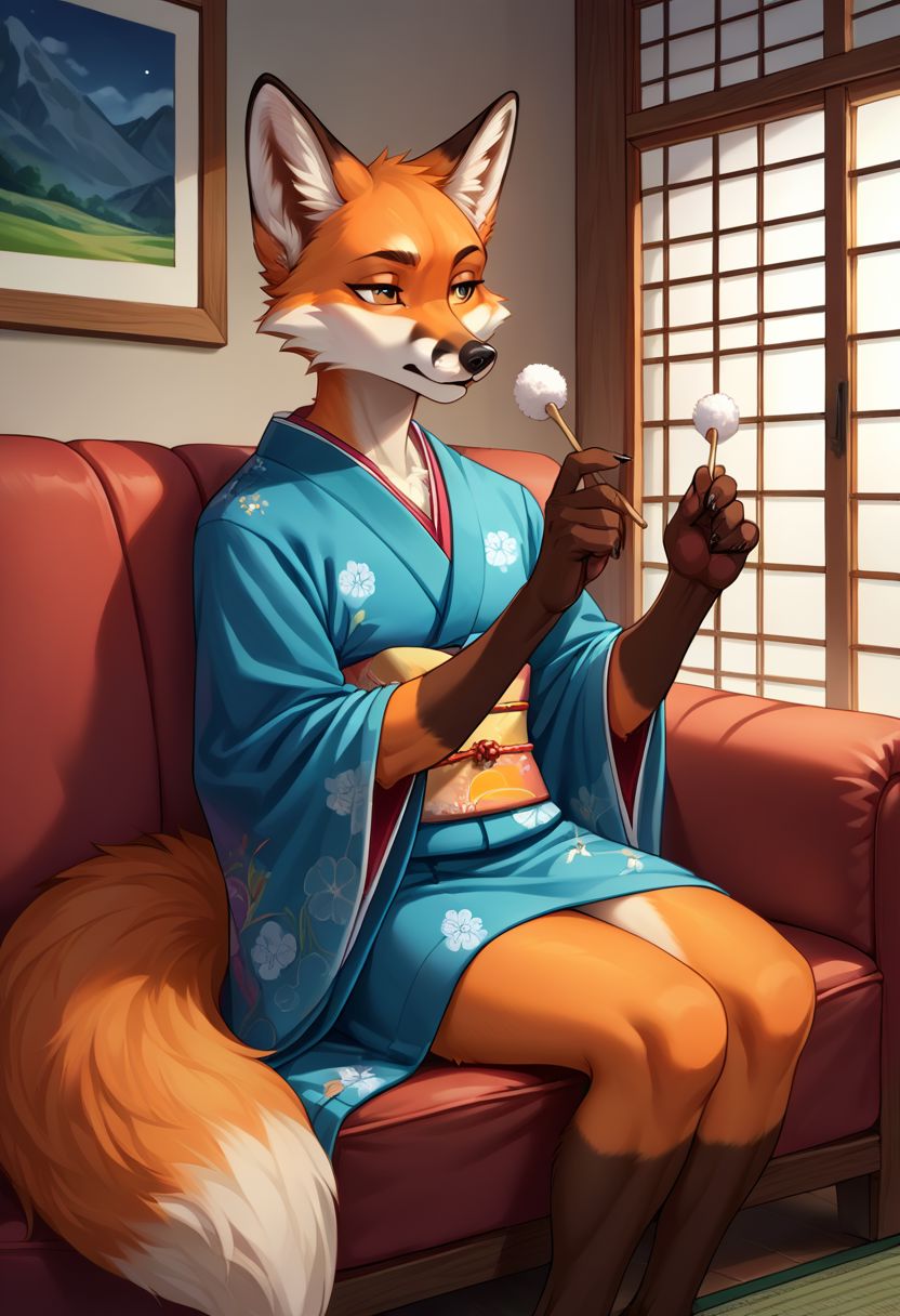 score_9, score_8, score_7, (source_furry, anthro, fox, orange fur)
lap pillow invitation, holding mimikaki,
kimono,
sitting, couch