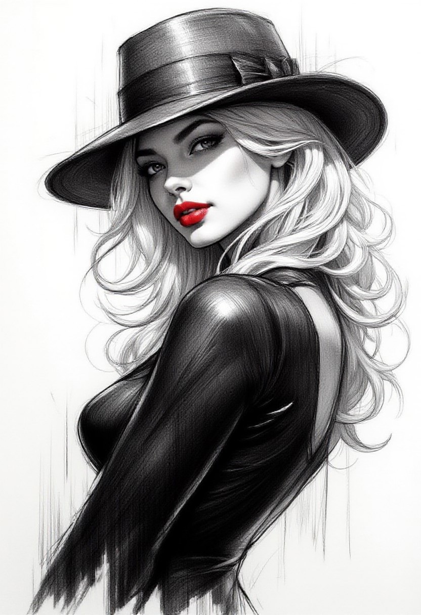 Pencil drawing, black and white, pencil strokes, 
A black and white pencil sketch style, line art drawing dark, A black and white pencil sketch style,  
 Closeup of a dark villainess wearing a fedora with a shadow that covers part of her face, she is wearing a latex bodysuit that accentuates her figure. She is bending over slightly, her body tilted towards the viewer seductively. She has white hair and is wearing bright red lipstick. She has an alluring smile that makes her look conniving.