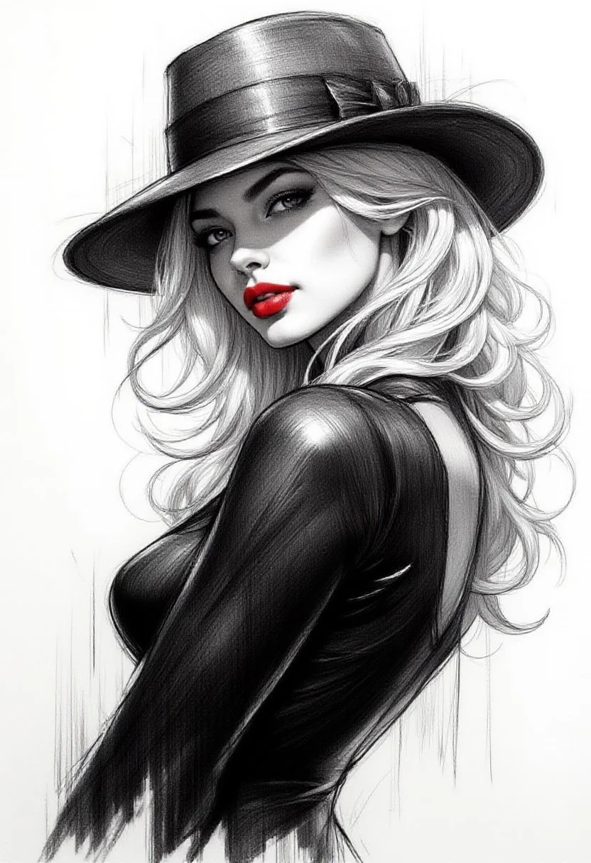 Pencil drawing, black and white, pencil strokes,
A black and white pencil sketch style, line art drawing dark, A black and white pencil sketch style,
Closeup of a dark villainess wearing a fedora with a shadow that covers part of her face, she is wearing a latex bodysuit that accentuates her figure. She is bending over slightly, her body tilted towards the viewer seductively. She has white hair and is wearing bright red lipstick. She has an alluring smile that makes her look conniving.