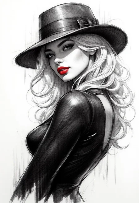 Pencil drawing, black and white, pencil strokes, 
A black and white pencil sketch style, line art drawing dark, A black and white pencil sketch style,  
 Closeup of a dark villainess wearing a fedora with a shadow that covers part of her face, she is wearing a latex bodysuit that accentuates her figure. She is bending over slightly, her body tilted towards the viewer seductively. She has white hair and is wearing bright red lipstick. She has an alluring smile that makes her look conniving.