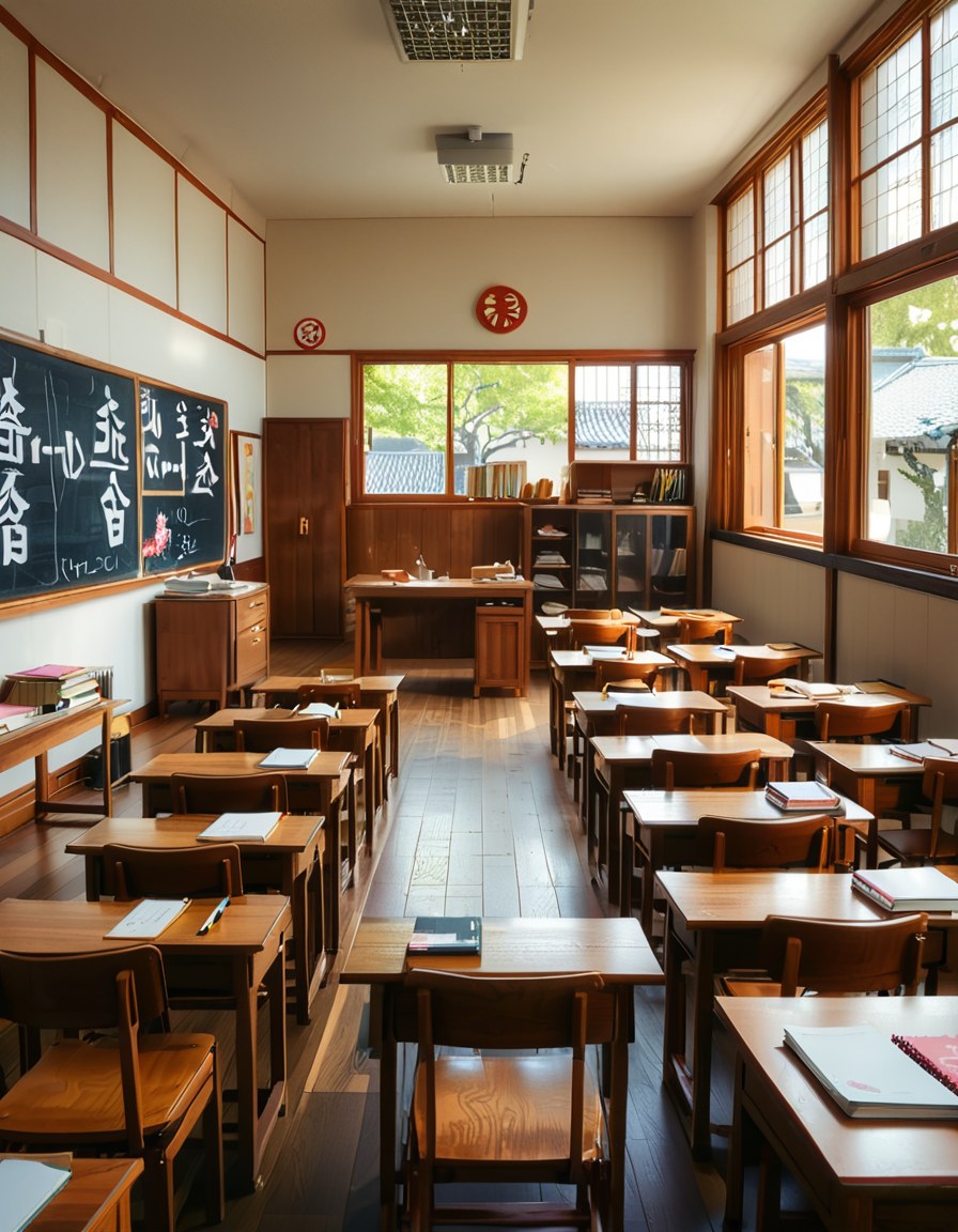 A traditional Japanese classroom during daytime, filled with wooden desks and chairs neatly arranged in rows. Large windows on one side let in natural light, showing a view of cherry blossom trees outside. The room has a chalkboard at the front with neatly written Japanese characters, and a teacher's desk with books and stationery. Educational posters with kanji and hiragana hang on the walls, alongside a clock above the board. The floor is polished wood, reflecting the soft sunlight. The atmosphere is calm and orderly, evoking a nostalgic and warm feeling. The image is highly detailed, realistic, and well-lit, capturing the traditional Japanese school environment.
<lora:SDXLFaeTastic2400:0.4> <lora:extremely_detailed:0.4> extremely detailed, <lora:Japanese_cl4ssr00m:1>,Japanese cl4ssr00m, Masterpiece,best quality,hi res,8k,hi res,8k,award winning,(sharp focus, intricate, highly detailed),