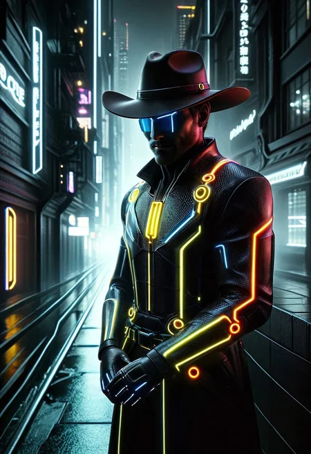 masterpiece, best quality, dutch angle, extreme perspective, photorealistic, cf_style, cowboy shot, one dark and neon Tron style carbon fiber android, wearing a cowboy hat, leaning against a cold dark wall, head tilted to viewer, sly smile, cyberpunk aesthetics, nighttime, mad-neon-noir, noir style, background a large tron cityscape, neon gridlines