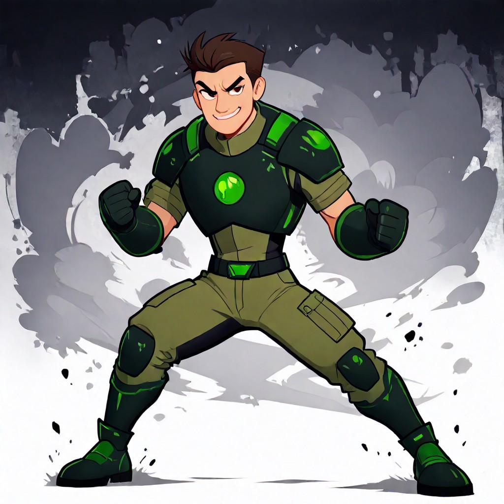 masterpiece, absurd res, best quality, newest, very aesthetic, 8k, 
solo male, 1boy, cowboy shot,
 ChrisK, brown hair, (green outfit), armor, fighting stance, battle stance, one foot forward, clenched hands, smirk, abstract background, flashy, action shot, full body,