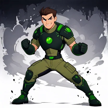masterpiece, absurd res, best quality, newest, very aesthetic, 8k, 
solo male, 1boy, cowboy shot,
 ChrisK, brown hair, (green outfit), armor, fighting stance, battle stance, one foot forward, clenched hands, smirk, abstract background, flashy, action shot, full body,