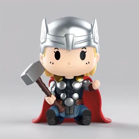 blind box style of Thor holding a hammer (sitting:1.3) on the ground,simple background, chibi, solo,(big head:1.2),small body,octane render, highly detailed, volumetric, dramatic lighting,pop, <lora:pop:1>
