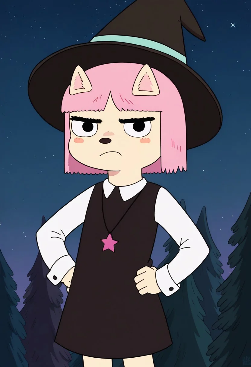 score_9, 1girl, solo, susie mccallister, pink hair, animal ears, animal nose, furry female, blush stickers, necklace, witch hat, black dress, white sleeves, sleeve cuffs, looking at viewer, frown, hands on hips, cowboy shot, outdoors, starry sky