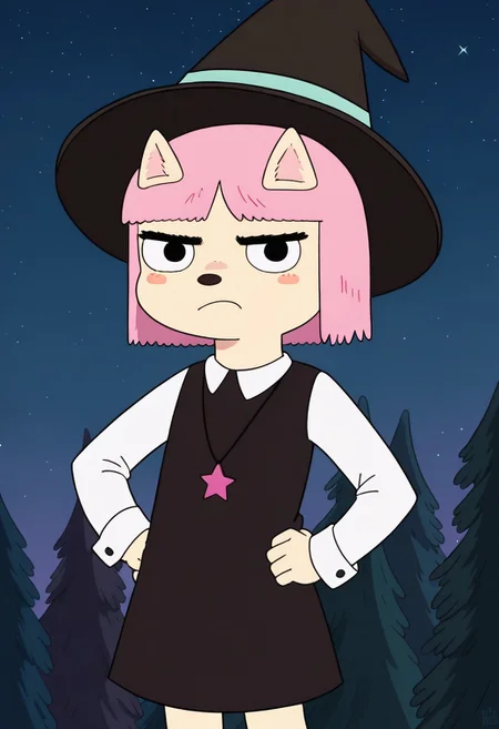 score_9, 1girl, solo, susie mccallister, pink hair, animal ears, animal nose, furry female, blush stickers, necklace, witch hat, black dress, white sleeves, sleeve cuffs, looking at viewer, frown, hands on hips, cowboy shot, outdoors, starry sky