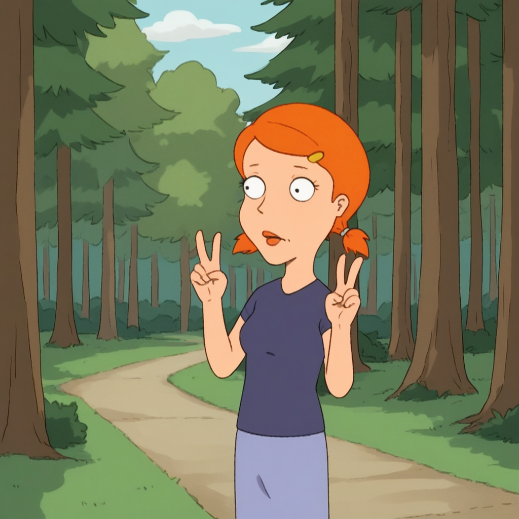 score_9_up, score_8_up, BREAK, Cicillia, 1girl, solo, short hair, orange hair, short twintails, black eyes, hairclip, shirt, blue skirt, cowboy shot, <lora:Cicillia_FamilyGuy_PXL_Leaf1:1>, forest, double v,