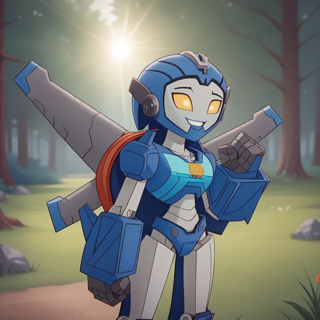 score_9, score_8, BREAK, solo, 1girl, Whirl , Autobot, yellow eyes, glowing eyes, alien girl, robot, robot girl, humanoid robot, mecha, sexy pose, self portrait, smile, outdoors, sunlight, shadows, evening lighting, natural lighting, forest, trees, grass, orange sky, sunset