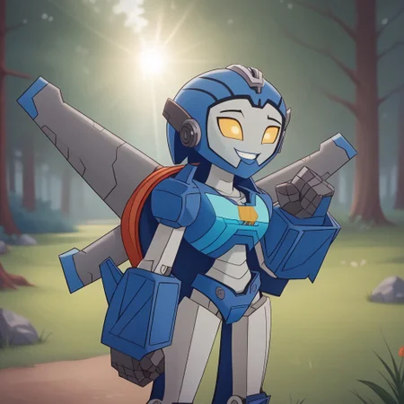 score_9, score_8, BREAK, solo, 1girl, Whirl , Autobot, yellow eyes, glowing eyes, alien girl, robot, robot girl, humanoid robot, mecha, sexy pose, self portrait, smile, outdoors, sunlight, shadows, evening lighting, natural lighting, forest, trees, grass, orange sky, sunset