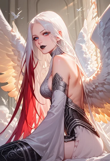 score_9, score_8_up, score_7_up, source_anime,
 1girl, AVACYN, very long hair,bottomless,sideboob,white hair,feathered wings,thighhighs,angel wings,angel,avacyn,black lipstick,sitting,looking at viewer,close up,highres,masterpiece,high quality,detailed, intricate details, realistic, FaceDetail, stunning,red hair ends