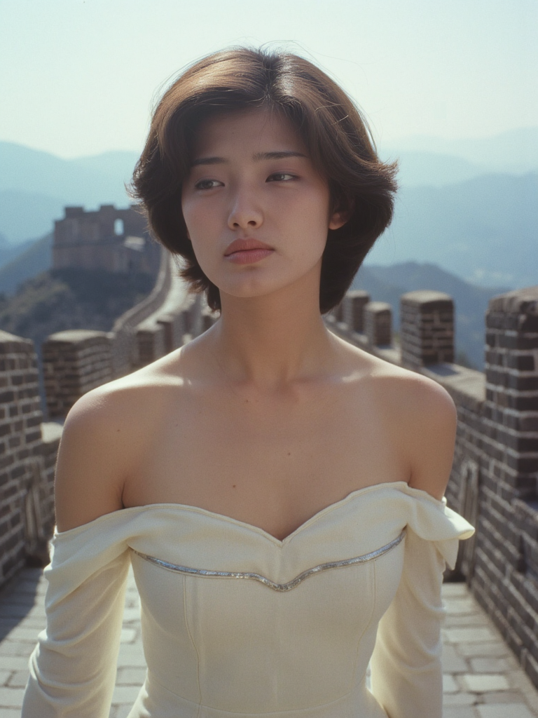 There are wonderful studio lights and various reflections,
18yo beautiful cute girl with blushing and female orgasm.skin naturally showing the texture of blood vessels and detailed pale skin,
--,
<lora:Yamaguchi_Momoe_f1_rank2_bf16:1>,she is Yamaguchi Momoe,
--, High atop the ancient Great Wall, a woman exudes an aura of quiet rebellion and refined sensuality. Clad in a tailored, ivory dress with subtle metallic accents, she reveals just enough of her dÃ©colletage and collarbones to ignite intrigue. The dress fits impeccably, accentuating her graceful silhouette without overwhelming her modest elegance. Soft fabric drapes lightly around her, leaving the upper curve of her chest and the delicate line of her collarbones exposed to the crisp mountain air. Against the backdrop of weathered stone and expansive vistas, her presence creates a striking contrastâa modern siren against a timeless monument. Uniformed guards and awestruck visitors exchange knowing glances as they witness her serene yet provocative stance. Her eyes, filled with quiet defiance, invite a silent challenge to the ancient traditions that the Wall represents, turning the historic structure into a stage for her subtle yet potent declaration of female power and allure.