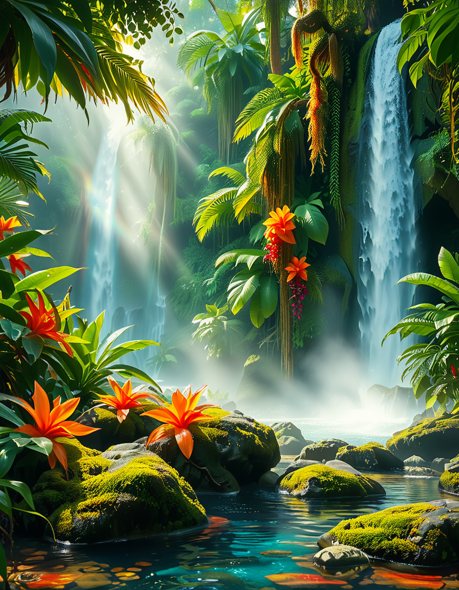 A stunning and tranquil view of a jungle waterfall cascading down smooth, moss-covered rocks into a crystal-clear pool below. The scene is surrounded by dense, lush greenery, with towering tropical trees and vibrant, oversized ferns creating a natural canopy that filters sunlight into dappled patterns on the forest floor. Brightly colored flowers in shades of red, orange, and purple add splashes of color among the greenery, while vines and roots wind their way around the rocks and trees. Mist rises from the base of the waterfall, catching the sunlight and creating a soft, ethereal glow, with a faint rainbow visible in the spray. Exotic birds with iridescent feathers can be seen perched on branches, and the faint sound of distant animal calls adds to the sense of a thriving, untouched paradise. The overall atmosphere is serene, magical, and vibrant, capturing the untamed beauty of nature.<lora:SDXLFaeTastic2400:0.4> <lora:extremely_detailed:0.4> extremely detailed, <lora:Jungle_w4t3rf4ll:1>,Jungle w4t3rf4ll, Masterpiece,best quality,hi res,8k,hi res,8k,award winning,(sharp focus, intricate, highly detailed),