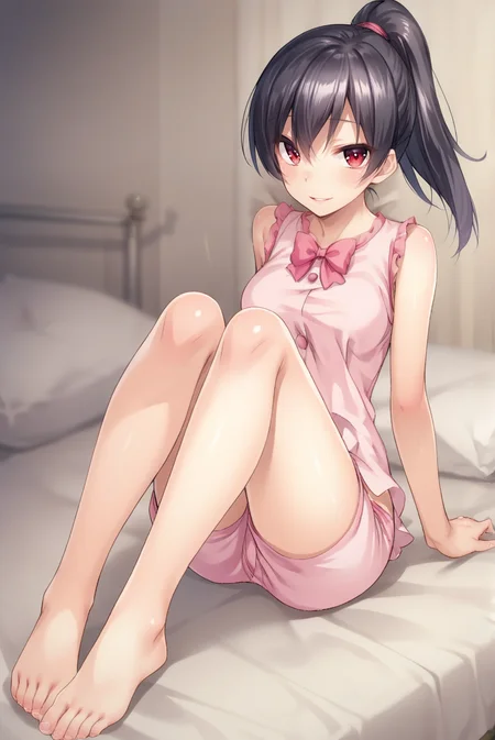 score_9, score_8_up, score_7_up, score_6_up, score_5_up, score_4_up, BREAK source_anime, 1girl, solo,
<lora:1roomXL-v1-06:0.65>, Chopio1room, black hair, shiny hair, hair between eyes, red eyes, looking at viewer,
medium breasts, long hair, ponytail,
bedroom, bed, wariza, on bed, seductive smile, parted lips, feet,
outfit_4, bare shoulders, sleeveless shirt, pink pajamas, pink shorts, pink bow, ruffles,